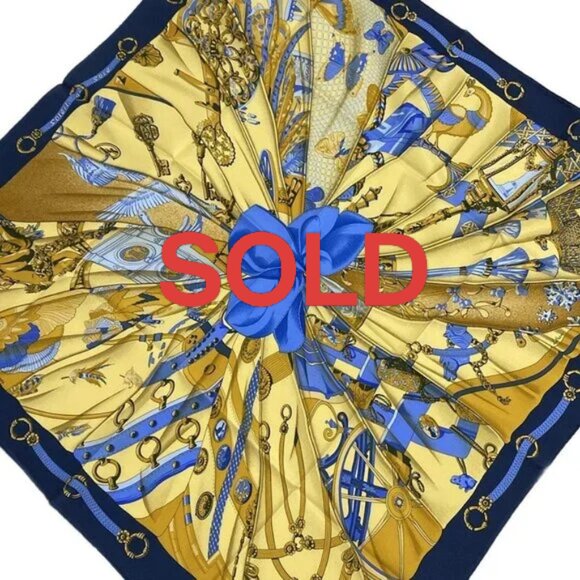 HERMES Carre 90 Yellow Light Blue Multi Scarf 310-042525 - Picture 1 of 3